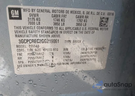 2016 Chevrolet Silverado 1500 1Lt from USA, damaged, VIN 3GCPCREC2GG219061